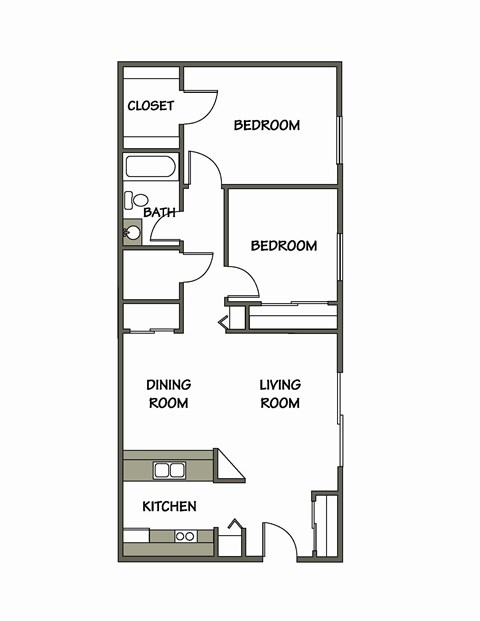 Floor plan for 2 beds, 1 bath, 864 sqft
